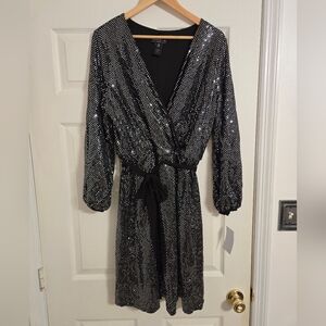 Alexa B Nites Faux Wrap Dress Black Sequin disco ball  size 14W NWT